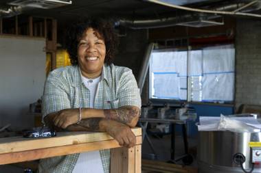 Chef Natalie Young poses at the site of her restaurant “Eat,” under construction at Carson Avenue and 7th Street, in downtown Las Vegas Monday, July 23, 2012. The new breakfast and lunch spot is expected to open in September, she&nbsp;said. 